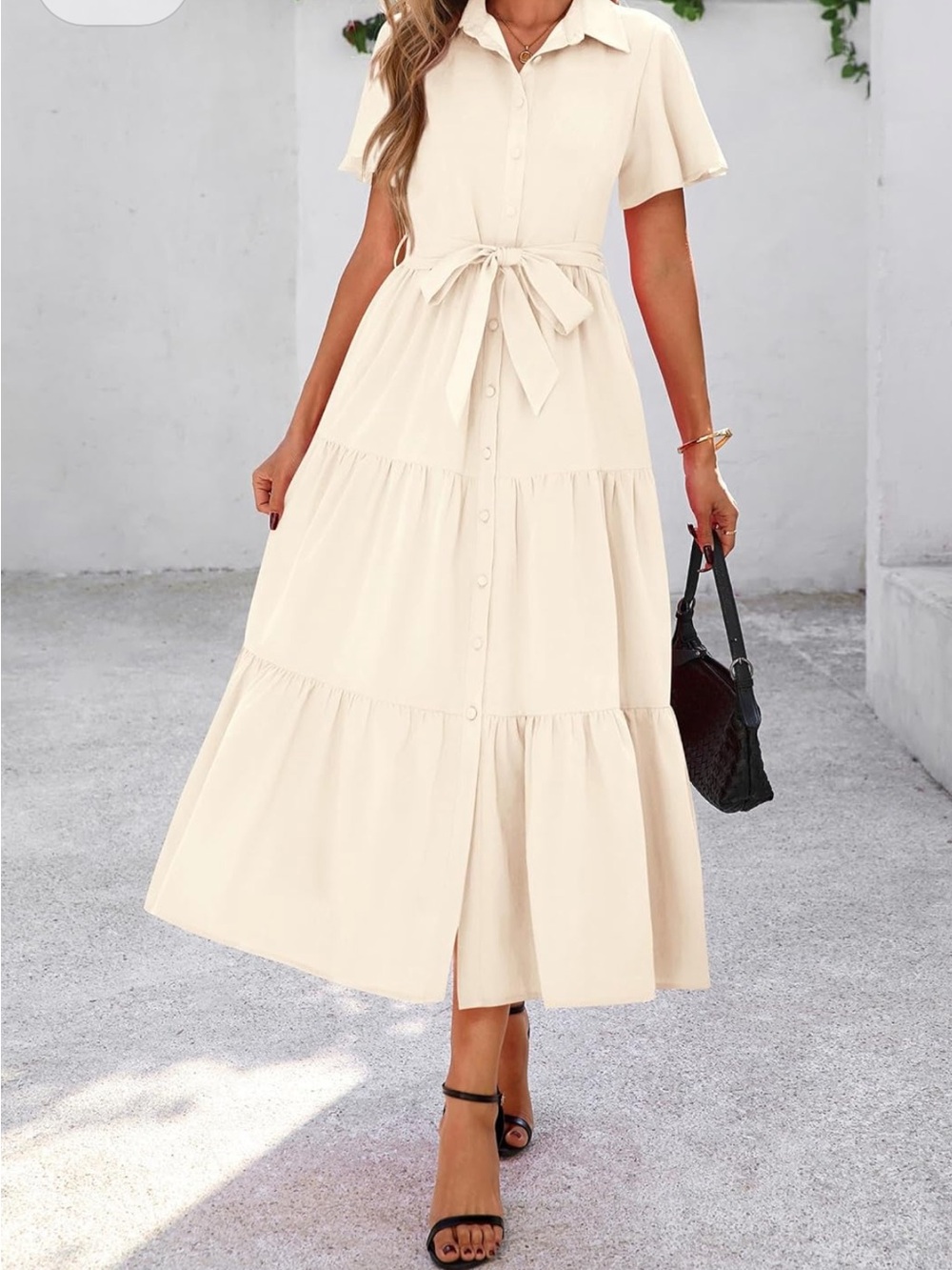 Classic Shirtwaist Tiered Midi Dress in Cream flutter sleeve S M